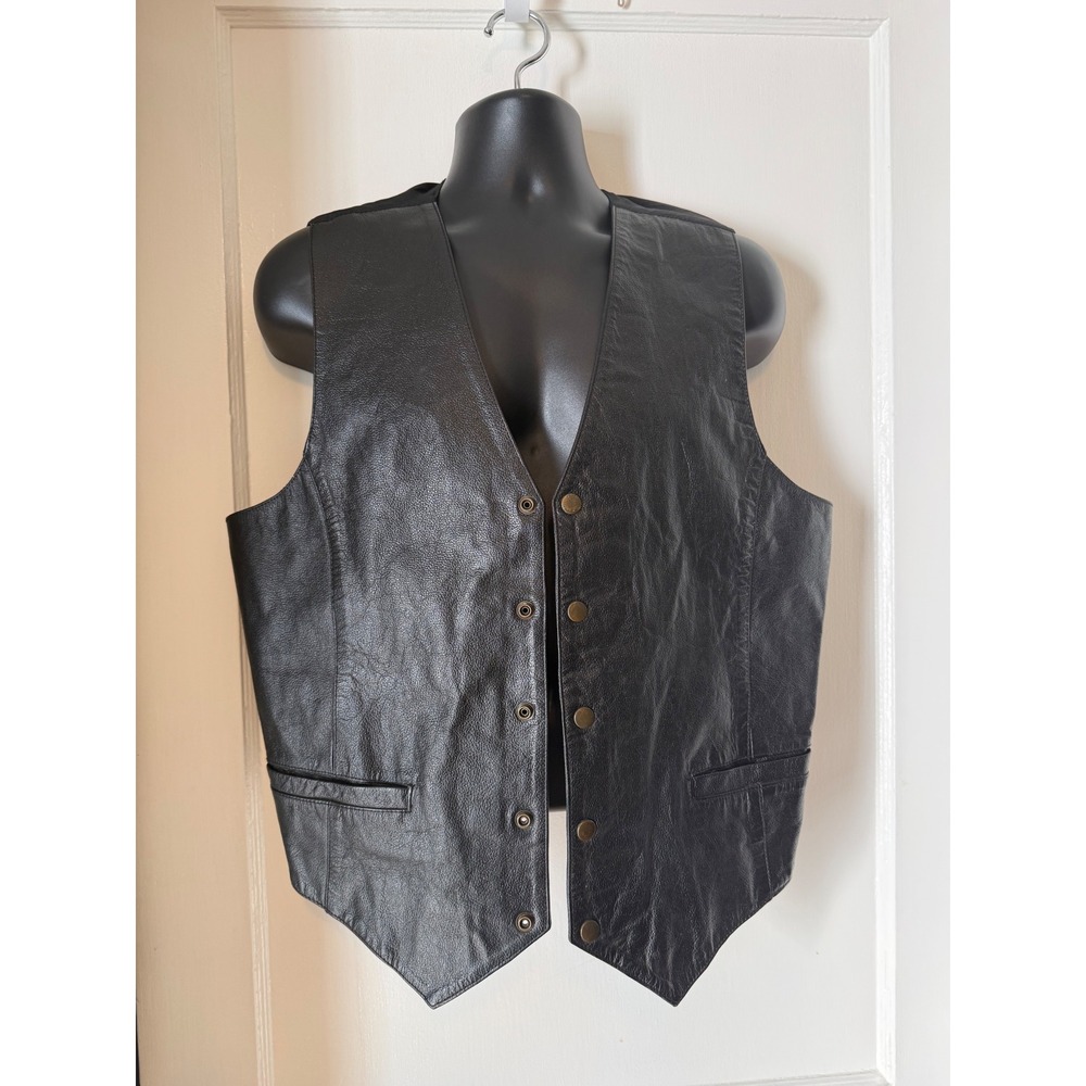 Wilsons Leather Vest Mens Large Black Snap Front Biker Cinch Back